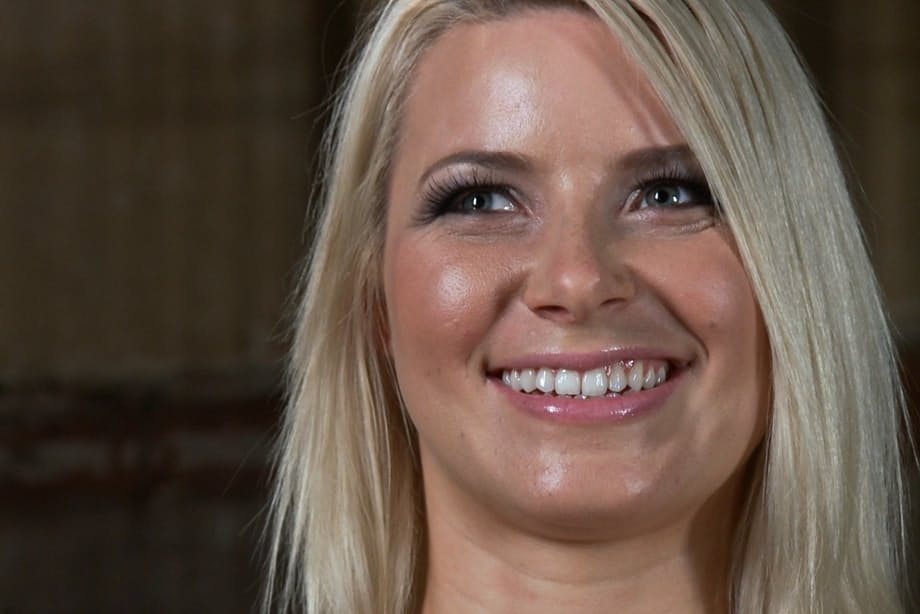 Hot blonde Anikka Albrite strips naked in a dungeon wearing white knee socks