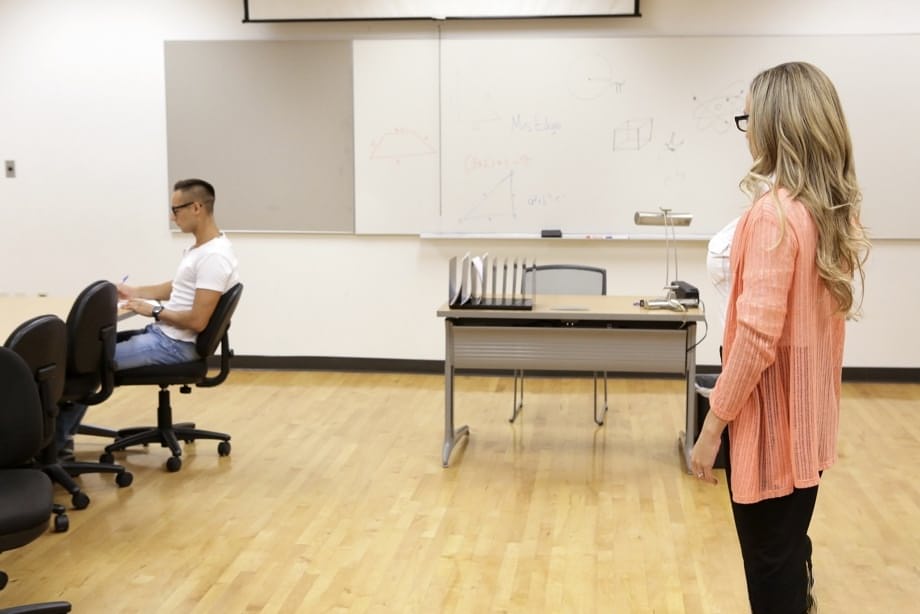 Naughty teacher Pristine Edge gets pussy fucked by student while janitor mops