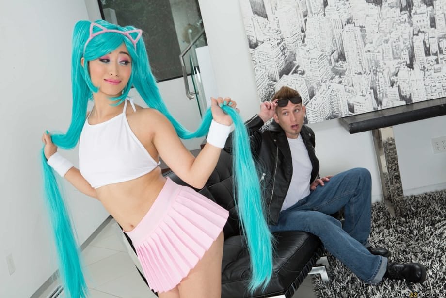 Asian cutie Ayumu Kase seduces a white boy in her cosplay outfit