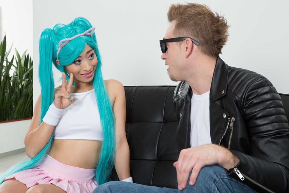 Asian cutie Ayumu Kase seduces a white boy in her cosplay outfit