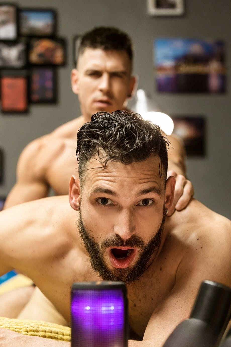 Ripped gay men Paddy O'Brian and Enzo Rimenez bareback fuck on a couch