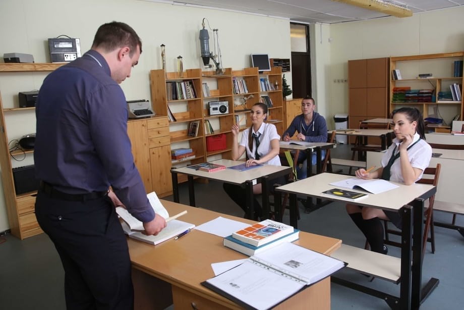 Hot student Connie Carter gets fucked by the teacher in front of the class