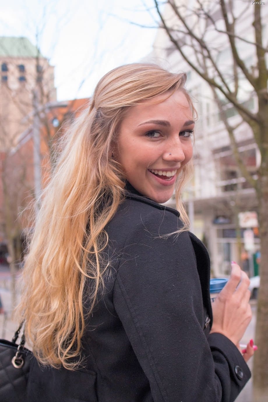 Teen Kendra Sunderland flashes her twat outdoors and reveals huge tits at home