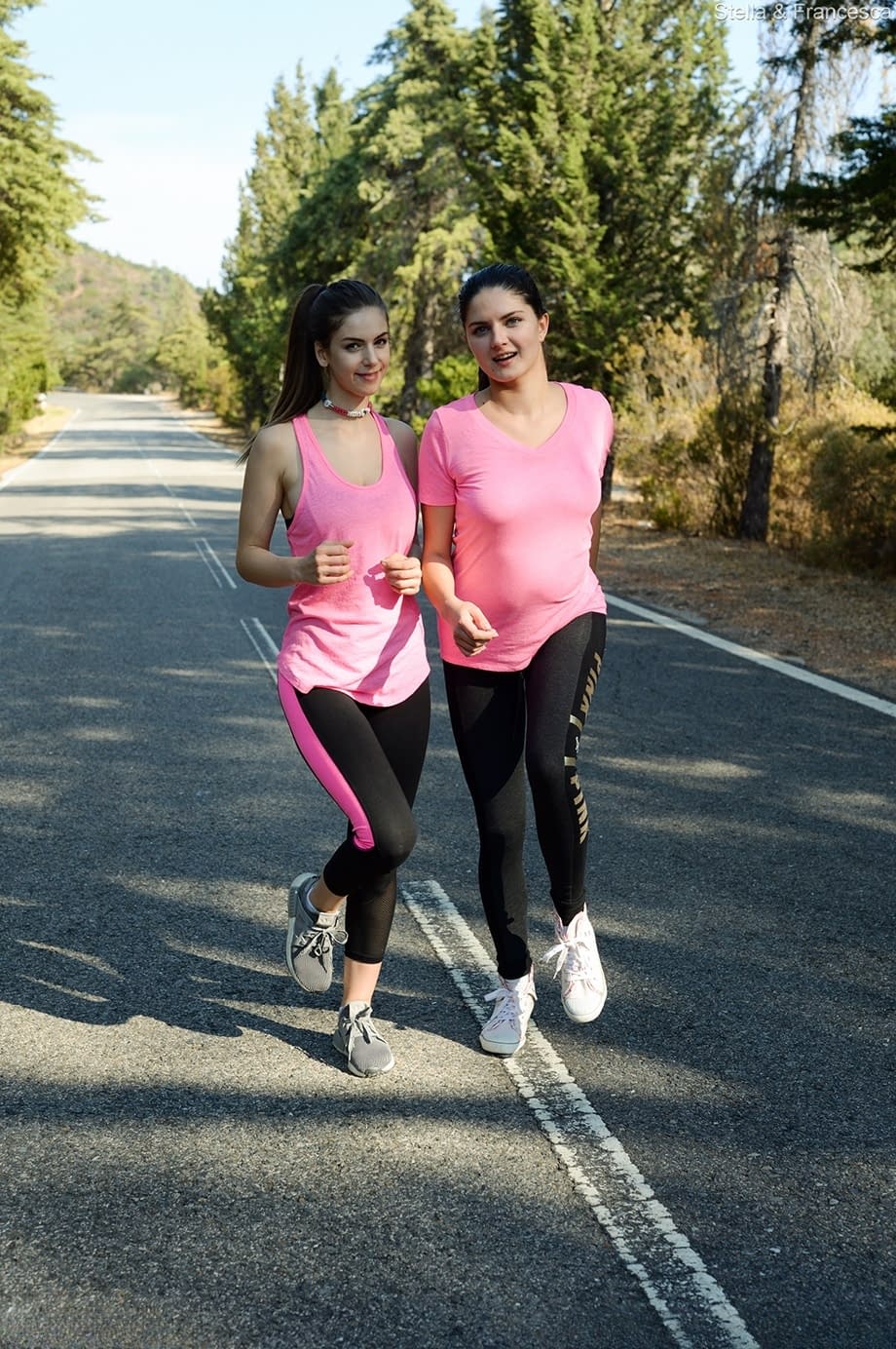 Brunette joggers Francesca and Stella flash their asses in thongs in public