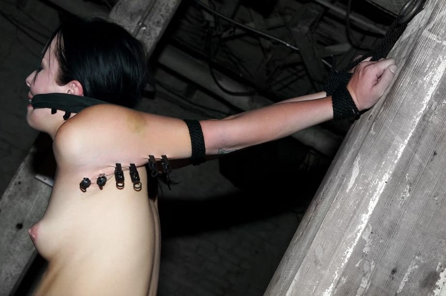 Bound brunette Alexa Von Tess getting her bald snatch toyed in the dungeon