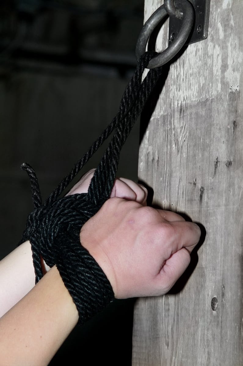 Bound brunette Alexa Von Tess getting her bald snatch toyed in the dungeon