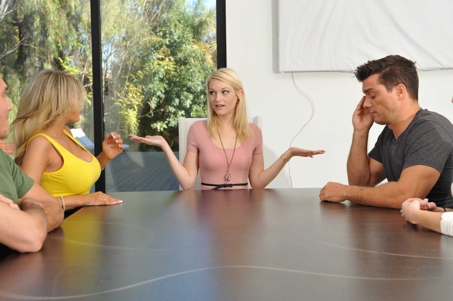Busty blonde Kayla Kayden seduces a couple during a dinner party