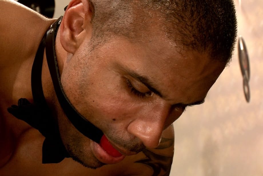 Busty femdom Chanel Preston pegging her strong ball-gagged black slave