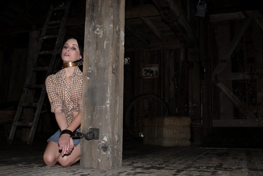 Brunette chick Alexa Von Tess sports a helpless look during metal bondage