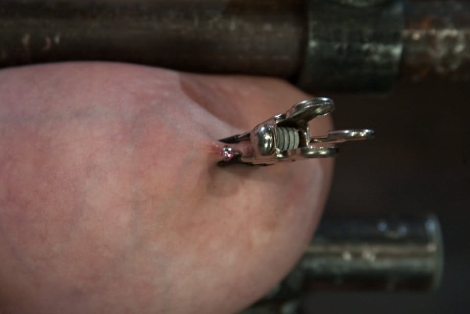 Buxom blonde pornstar Katie Kox gets her big tits caned in metal bondage