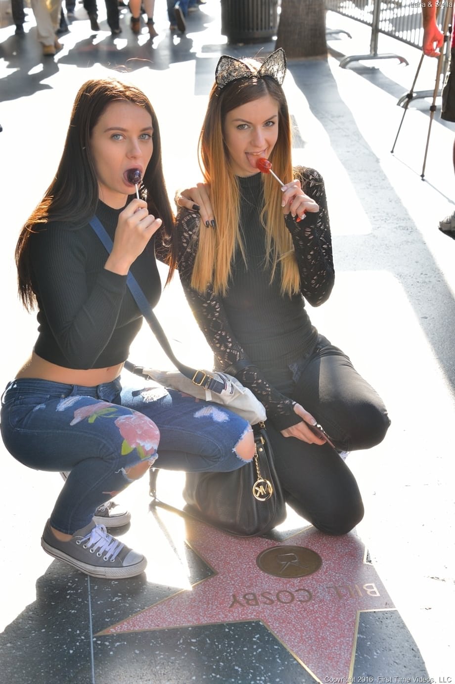Cuties Lana Rhoades and Stella Cox strip, pose and masturbate with a dildo