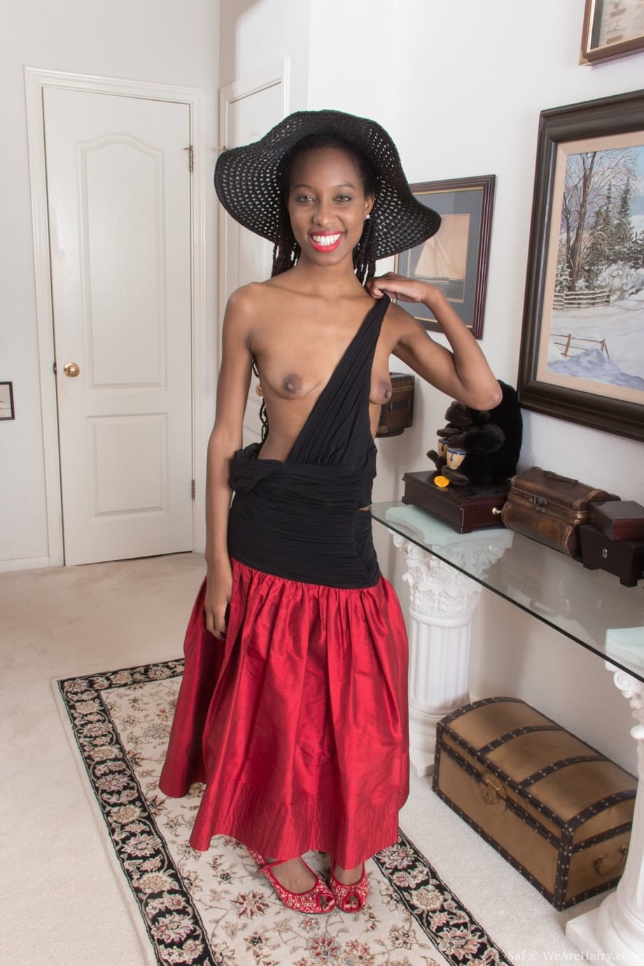 Beautiful ebony Saf shows off her skinny body & spreads her tasty hairy pussy