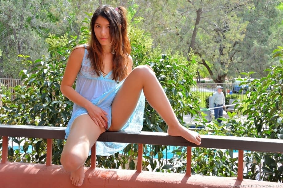 Gorgeous teen Melody shows off her petite body in several different locations