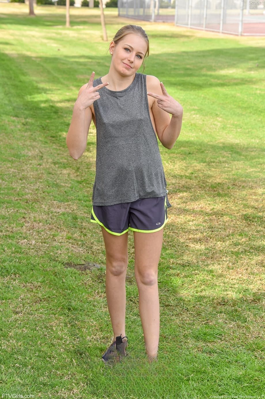 Blonde teen Scarlett masturbates at home after revealing her holes in public