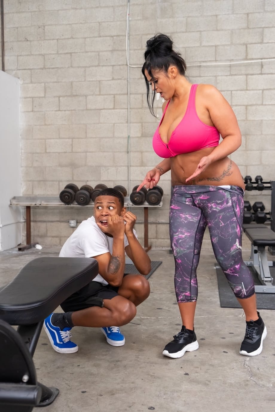 Sexy Latina BBW Kailani Kai sucks and fucks a big black cock in the gym