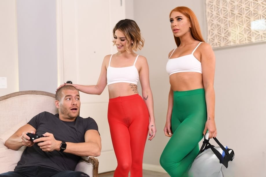 Sweet teens Joseline Kelly and Kristen Scott share a huge dick after posing