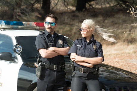 Blonde Spanish copper Bridgette B fucks a hot criminal on the cop car
