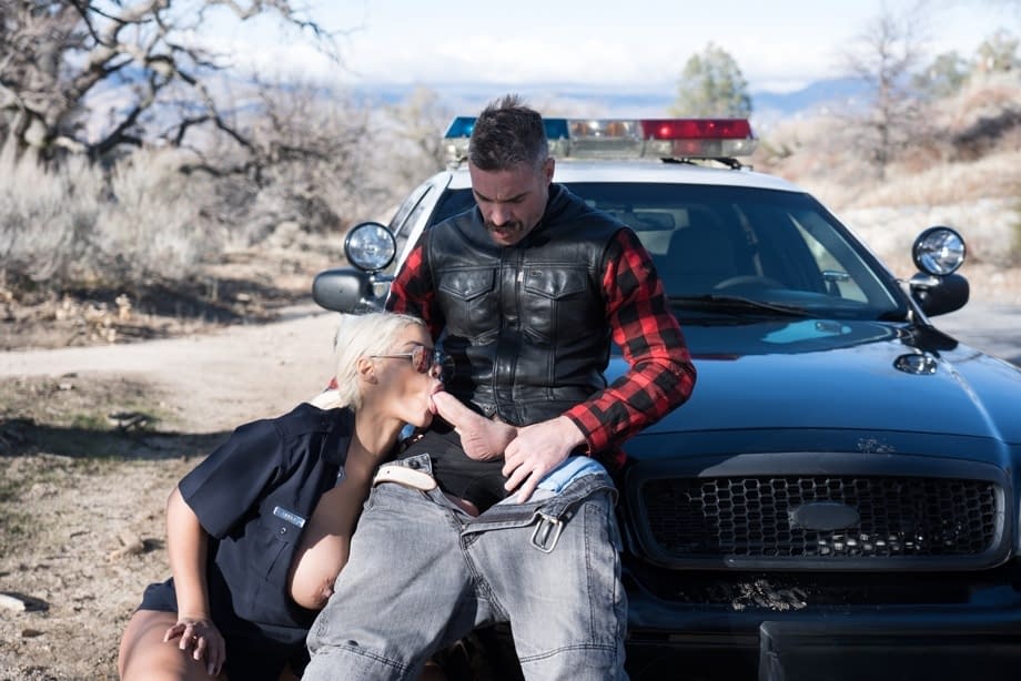 Blonde Spanish copper Bridgette B fucks a hot criminal on the cop car