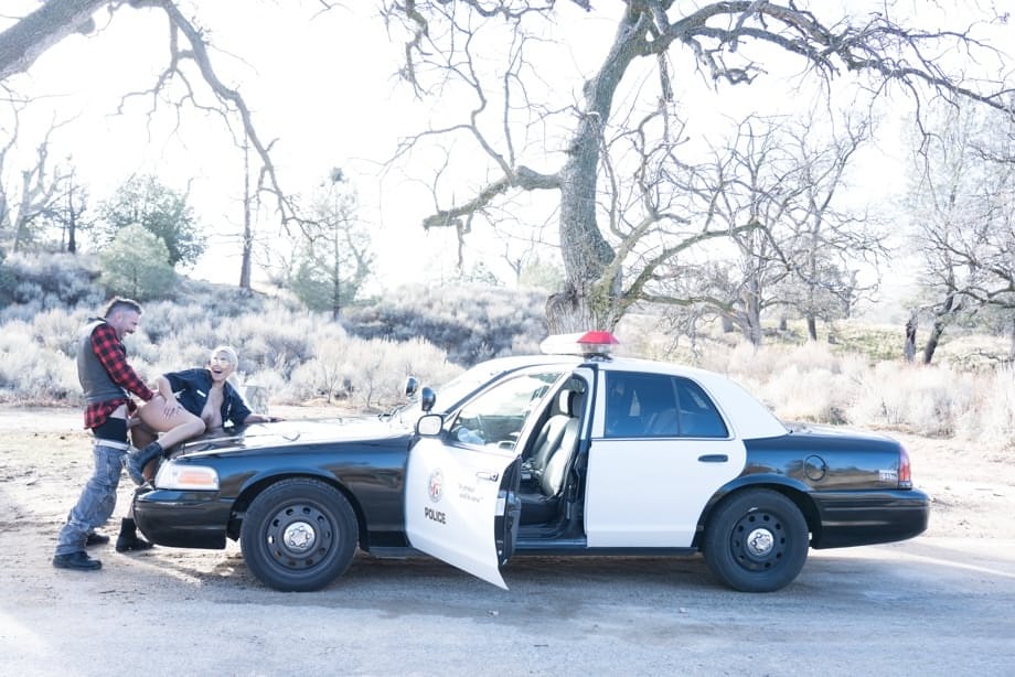 Blonde Spanish copper Bridgette B fucks a hot criminal on the cop car