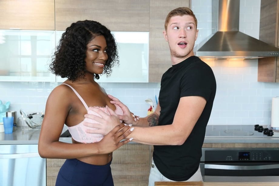 Afro-American girlfriend Evi Rei sucks a white prick & takes it from behind