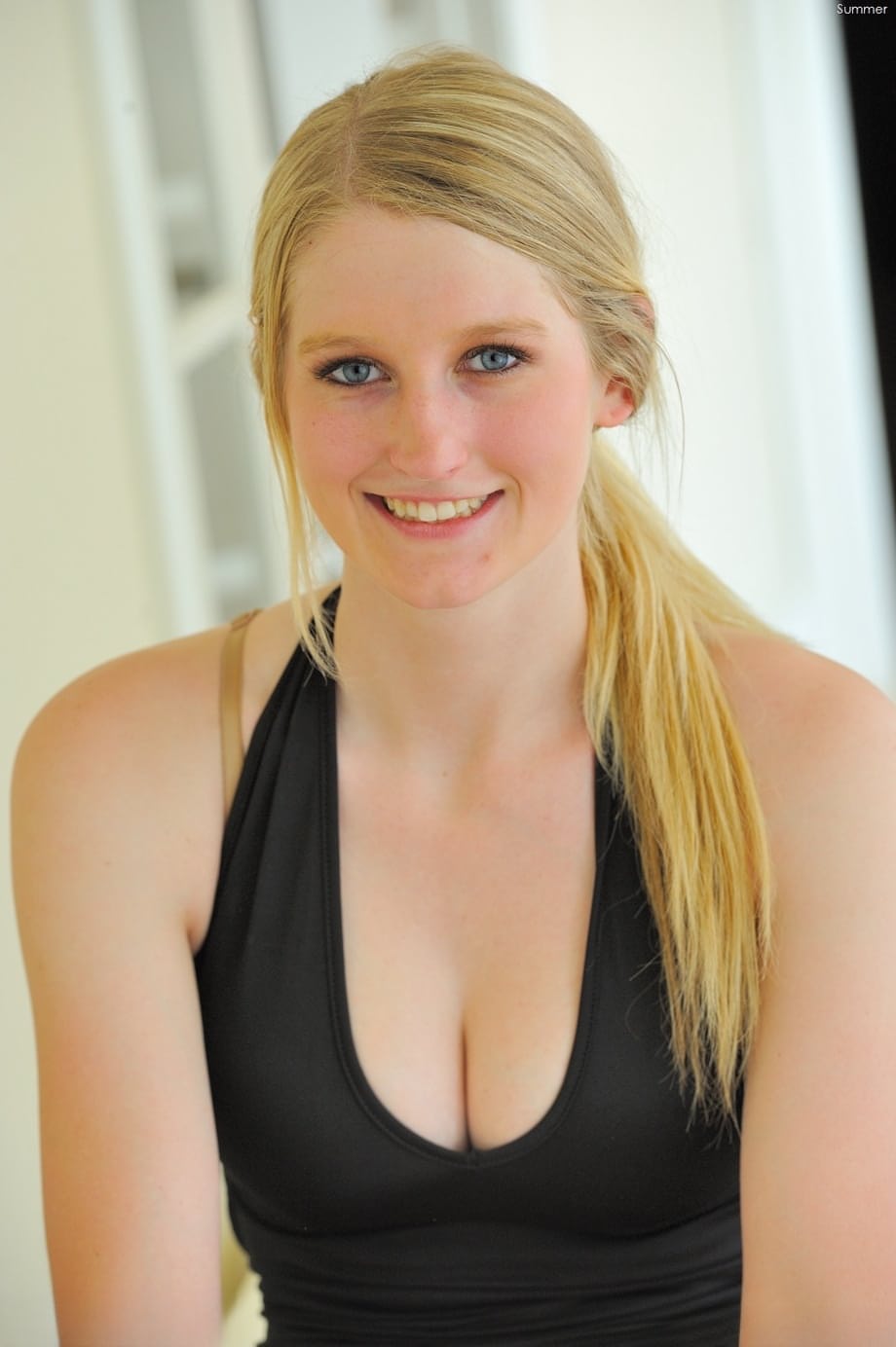 Adorable blonde Summer reveals her cunt and asshole before toying herself