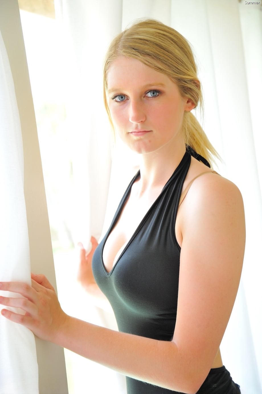 Adorable blonde Summer reveals her cunt and asshole before toying herself