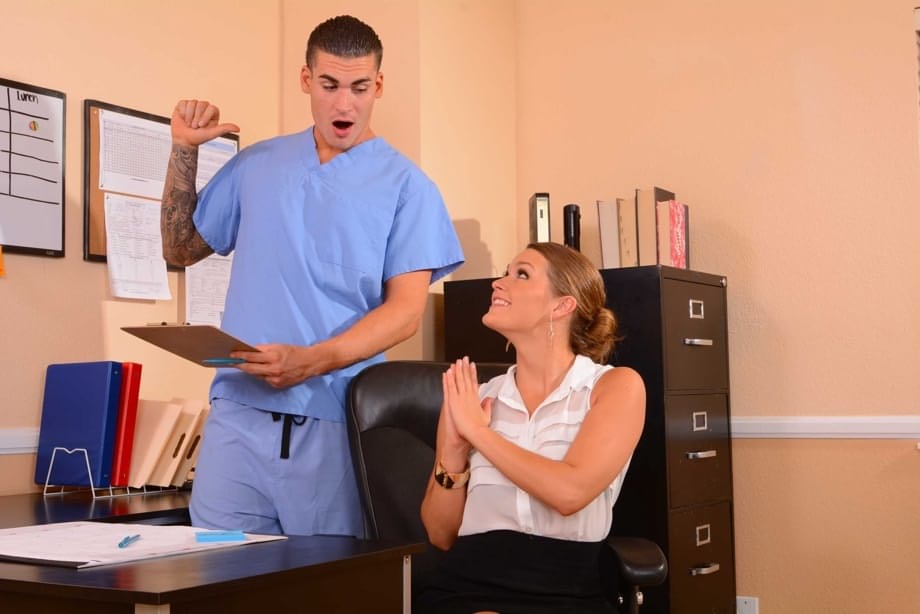 Horny secretary Abby Cross shows her ass and gets rammed by a doctor