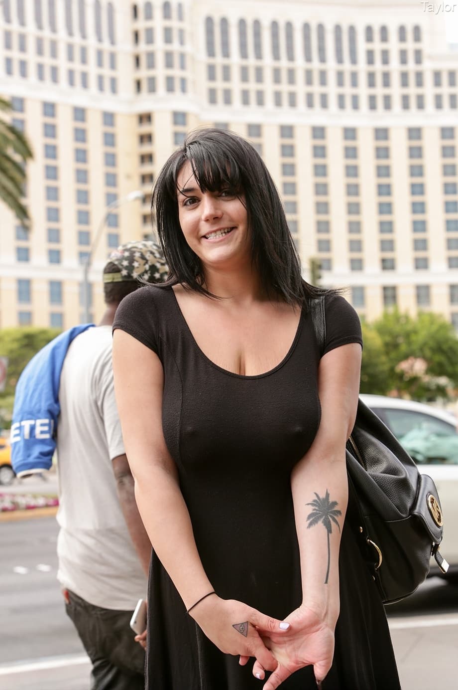 Amateur MILF in a hot dress Taylor teases with her big cleavage in public