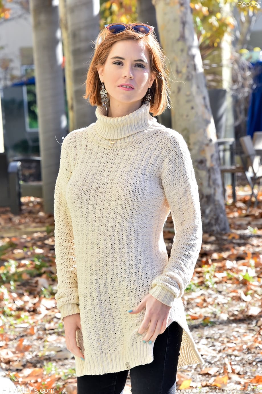 Beautiful MILF Pepper flashes her perky tits and ass in public on a chilly day