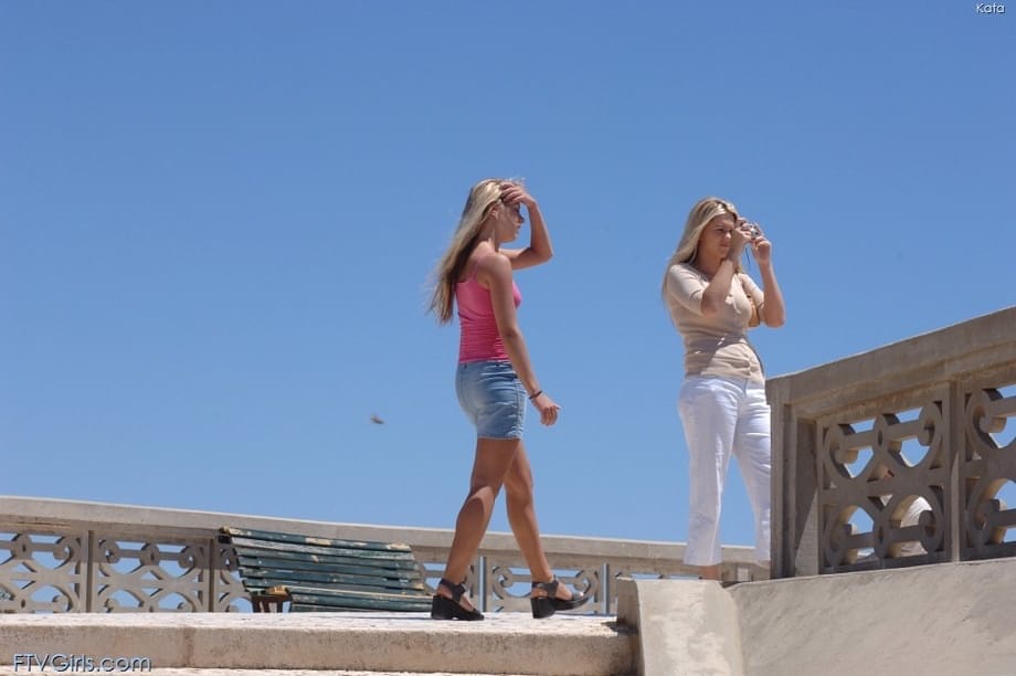 Glamour babe Kata & her lesbian girlfriend flashing sexy tits in public