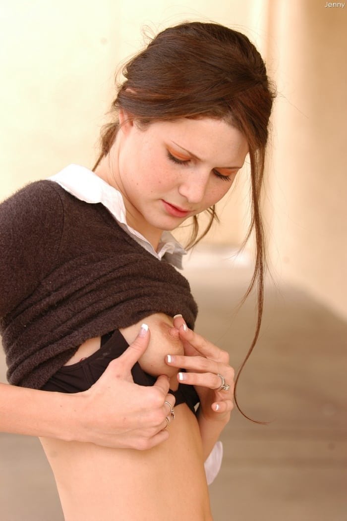 Sweet teen Jenny milks her breasts and grabs her ass cheeks outdoors
