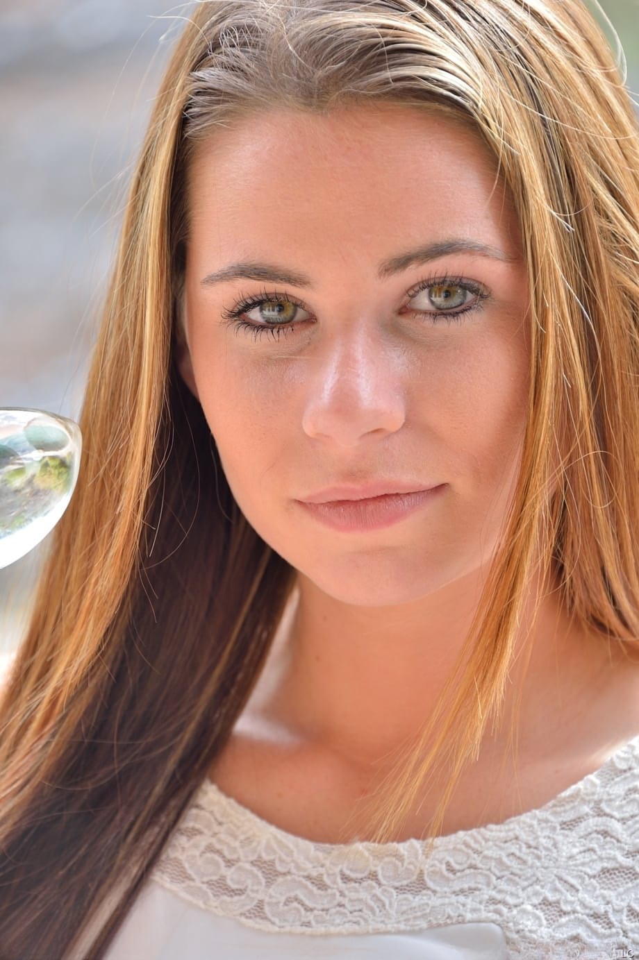 Lovely babe Aveline shoving a glass FTV toy into her delicious pussy up close