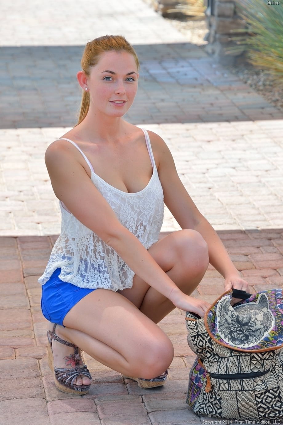 Adorable amateur babe Bailee strips in public and fingers her asshole indoors