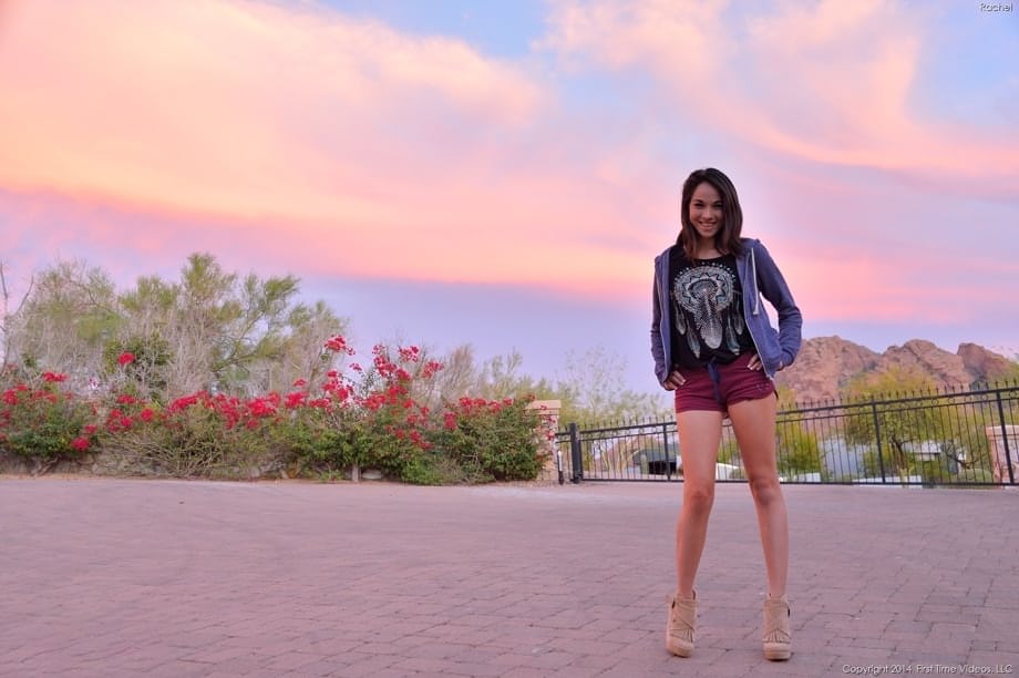 Skinny amateur teen Rachel slowly takes off her clothes and poses in public