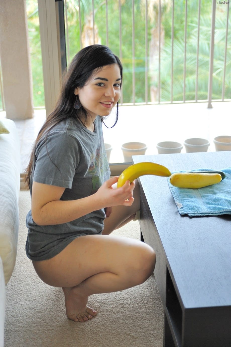 Adorable teen Nadine shows her tits and enjoys amateur masturbation action