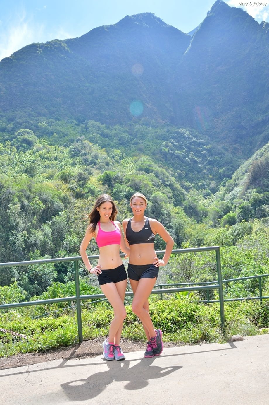 Amateur stunners Aubrey & Mary strip off their sportswear & pose nude outside