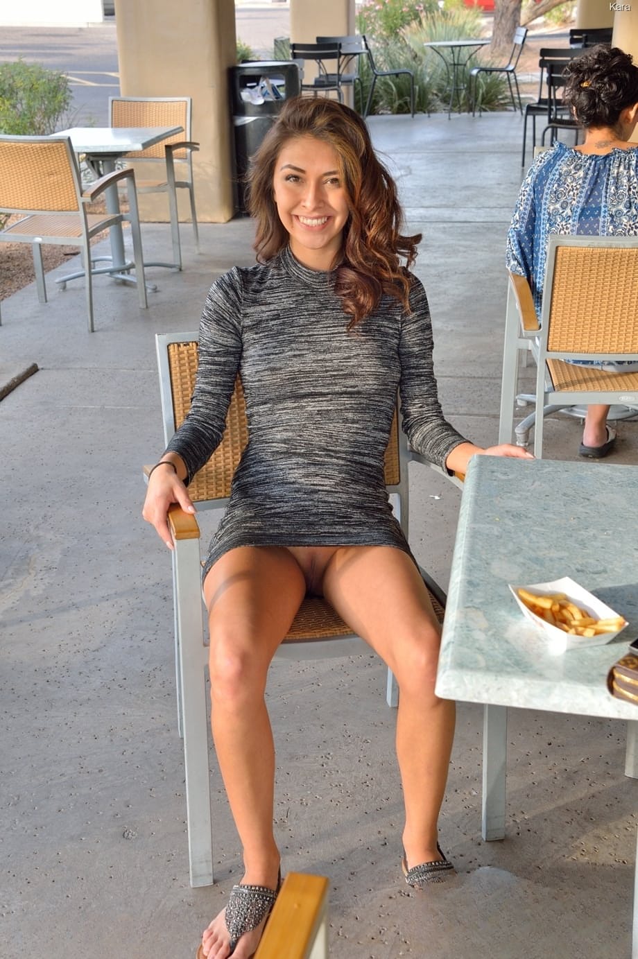 Slim teen Kara flashing her shaved cunt, tight butt and small boobs in public