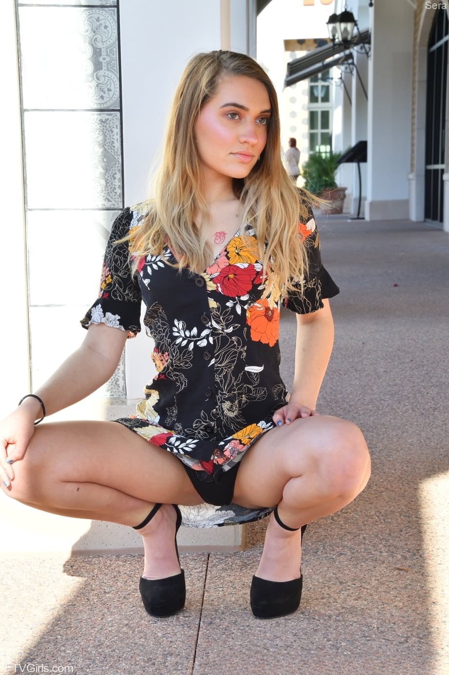 Glamour babe in a beautiful dress & heels Sera strips to show her sexy skin