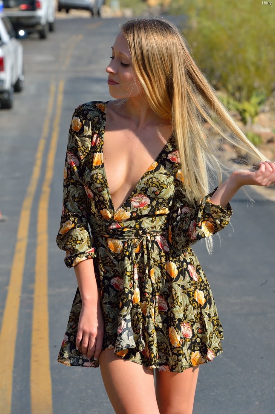 Adorable teen Riley poses nude in the middle of the road & masturbates at home