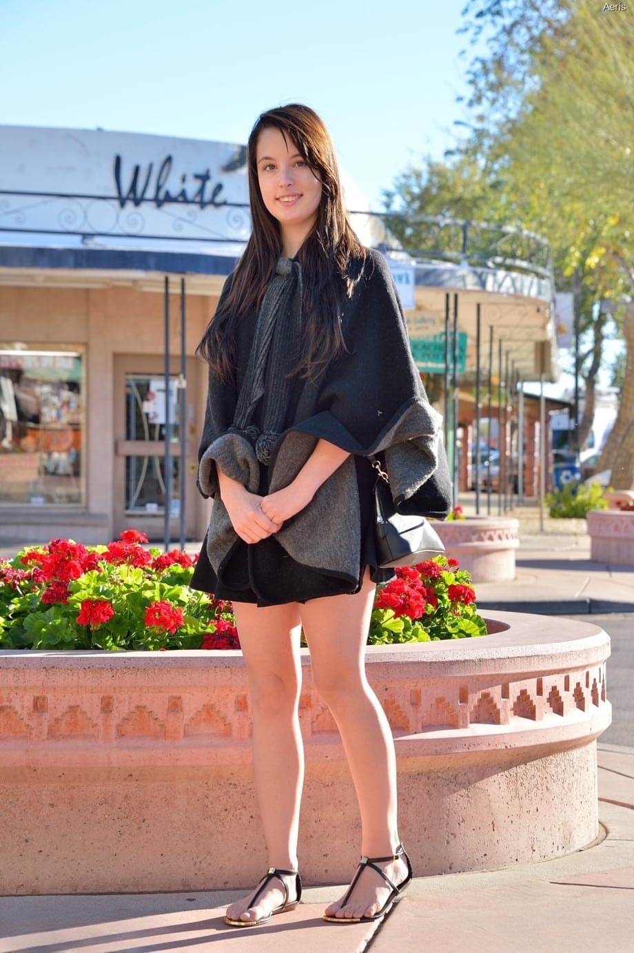 Adorable amateur babe Aeris reveals her twat in public and masturbates at home