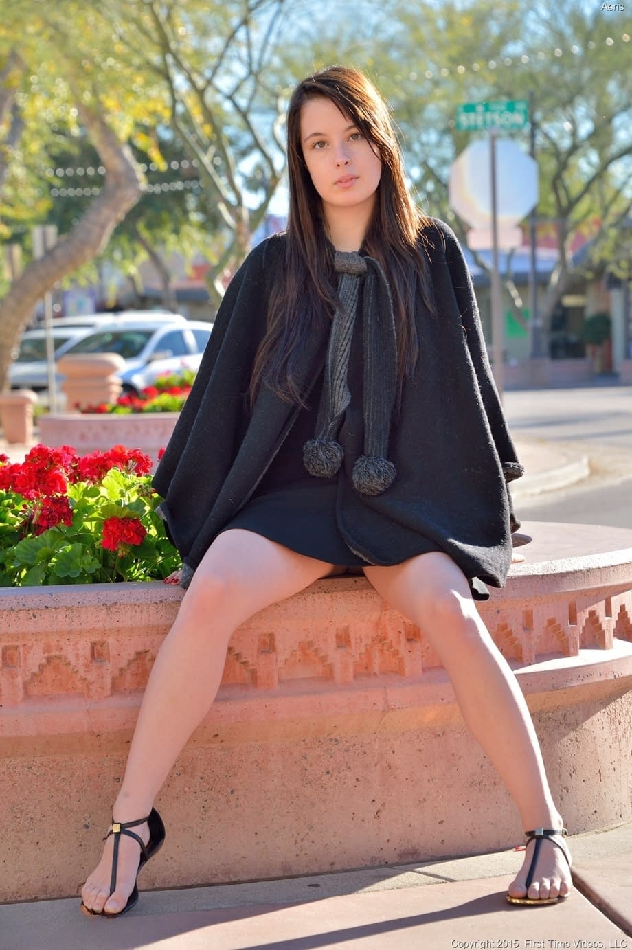 Adorable amateur babe Aeris reveals her twat in public and masturbates at home