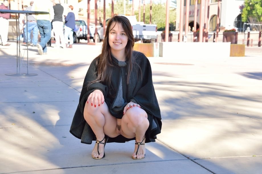 Adorable amateur babe Aeris reveals her twat in public and masturbates at home