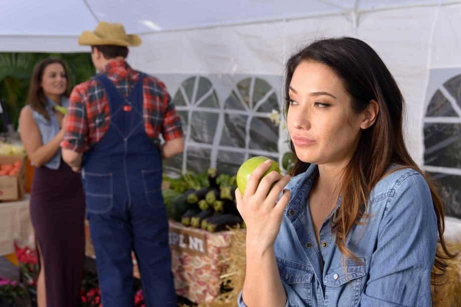 Beautiful farmer's wife Eva Lovia gets rammed at the vegetable market