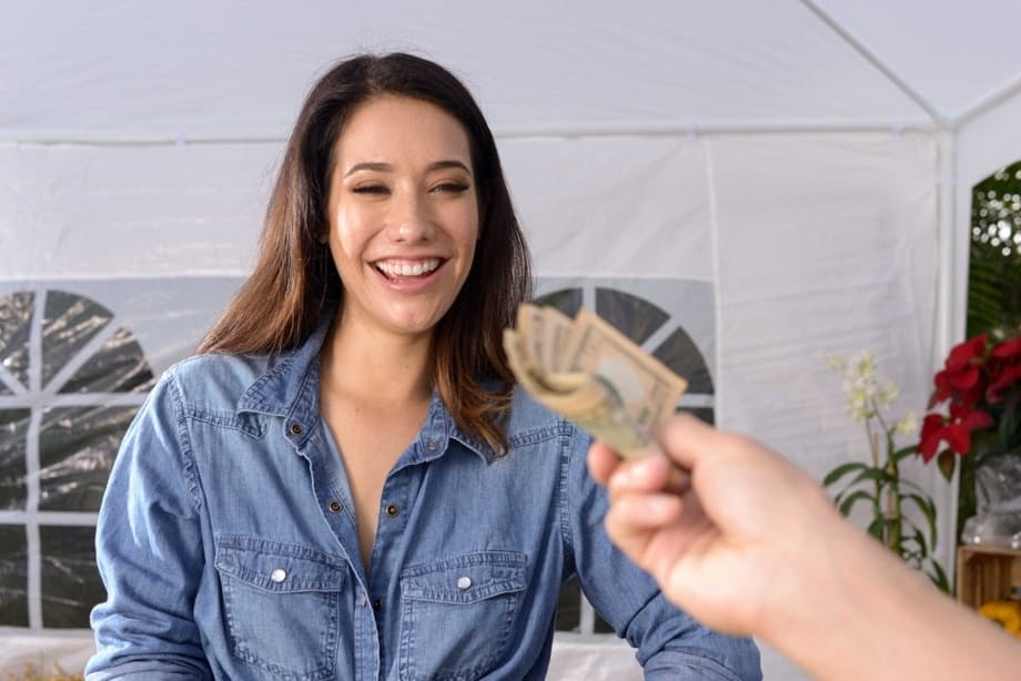 Beautiful farmer's wife Eva Lovia gets rammed at the vegetable market