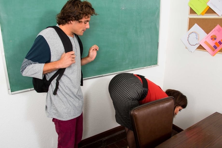 Naughty teacher Tyler Sara Jay blows, titty fucks & rides her student in class