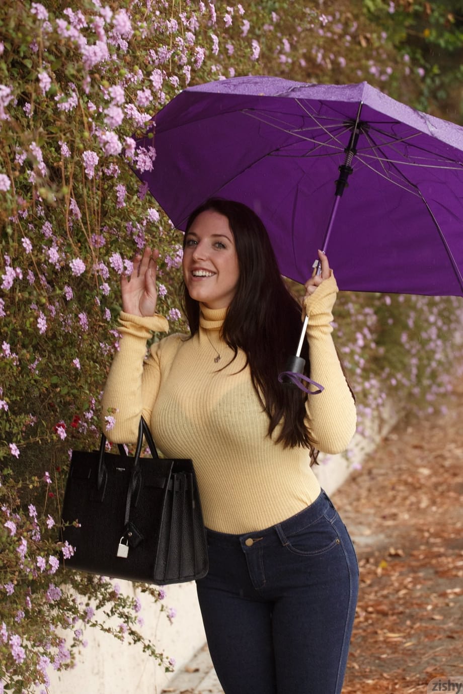 Chubby girlfriend Angela White teases with her big boobs outdoors