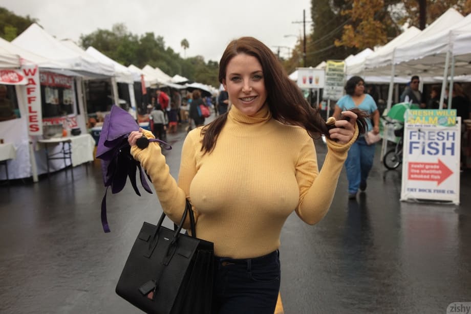 Chubby girlfriend Angela White teases with her big boobs outdoors