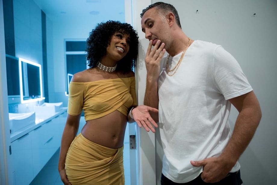 Ebony chick Misty Stone takes a cumshot on her tongue after a hard fuck